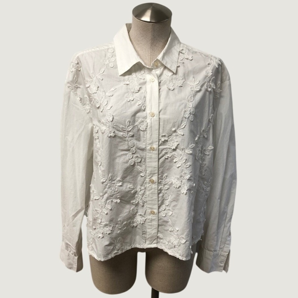Gap Cropped Shirt Women Large White Floral Embroidered Long‎ Sleeve Button Front